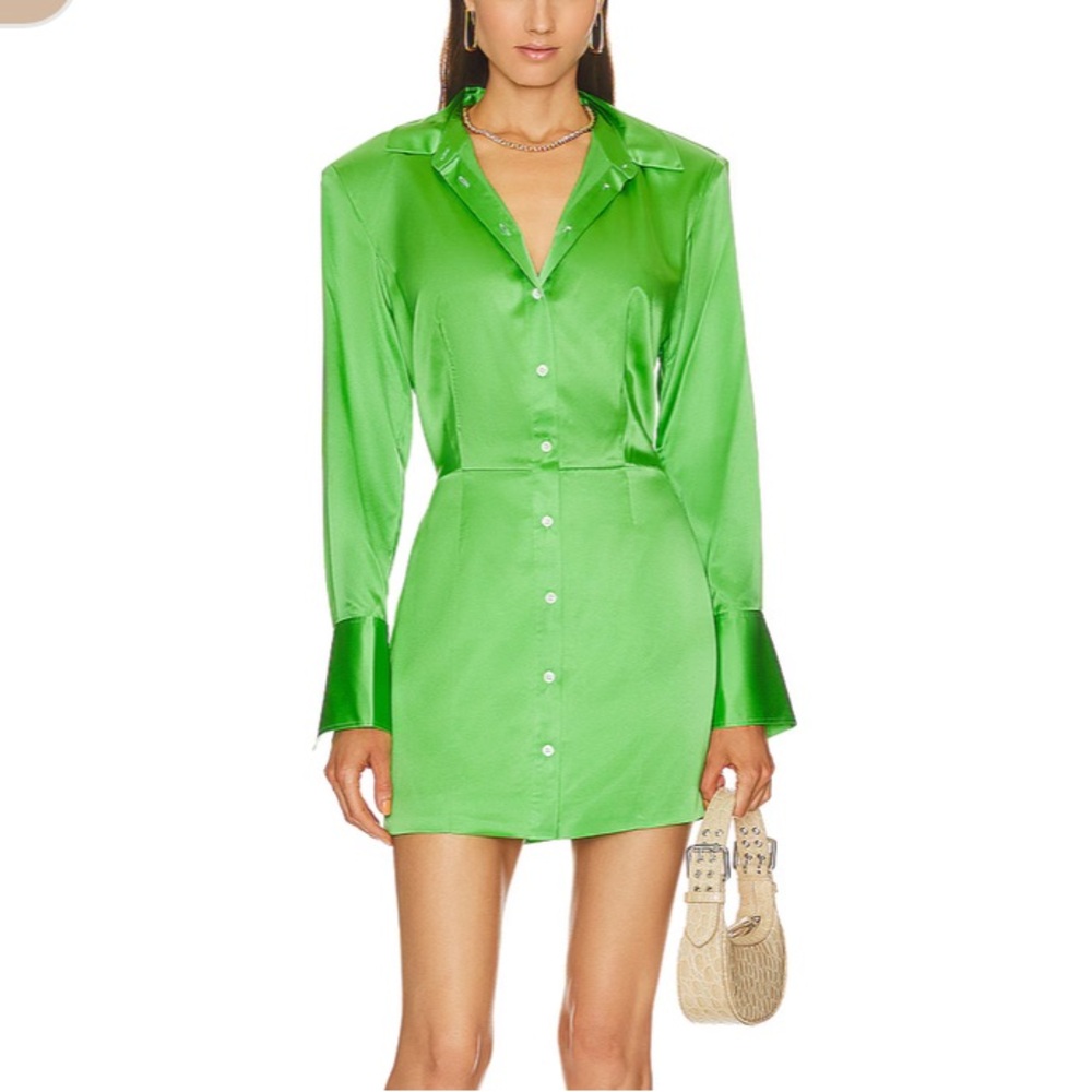 Frame Denim Neon Green Satin Mini Shirt Dress